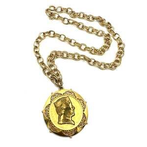 Vintage large gold plated 1931 Latvian coin pendant chunky chain 24" necklace